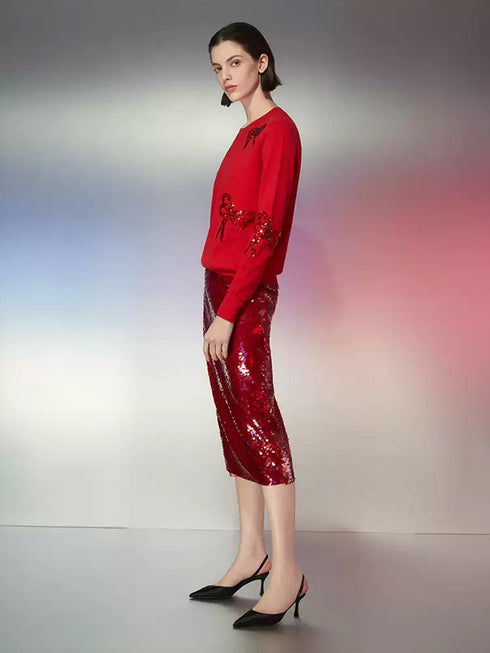 Red Sequin Bodycon Midi Skirt for Christmas Parties – Elegant Slim-Fit Sparkle Skirt