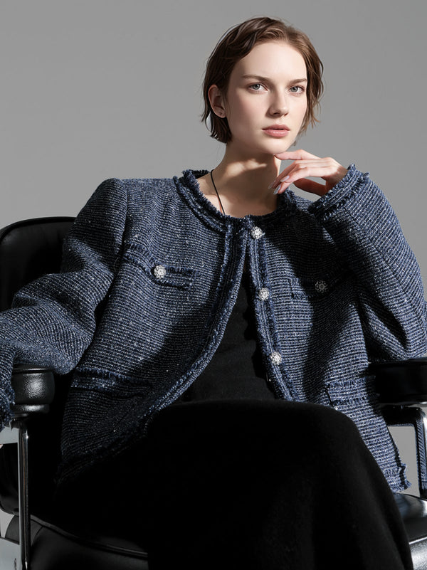 French Tweed Short Jacket for Women – Elegant Vintage Cropped Wool Blazer, Chic Textured Knit Coat for Autumn
