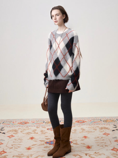 Peruvian Alpaca Wool Diamond-Pattern Pullover Sweater | Warm, Breathable Color-Contrast Knit
