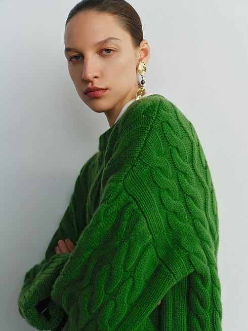 Retro Green Wool Cable Knit Sweater – Loose Christmas Pullover for Women, Autumn Winter Outfit