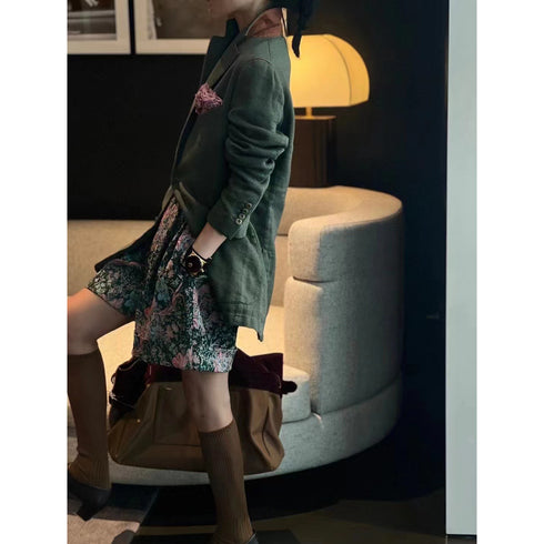 Elegant Autumn Set – Retro Green Jacquard Blazer & Shorts Two-Piece