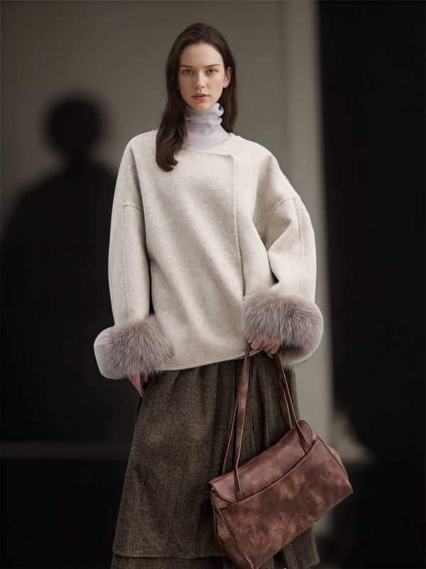 Women’s Short Double-Faced Wool Coat with Fox Fur Cuffs | Loose Fit Alpaca Blend Jacket