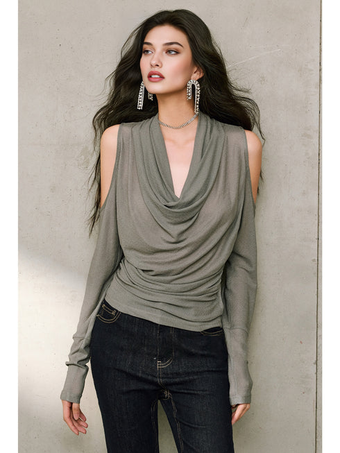 Silk Acetate Crinkle V-Neck Knit Top – Off-Shoulder Draped Design, Gathered Waist, Slimming Long Sleeve