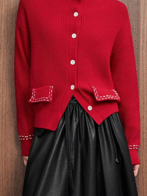 Red Knit Cardigan for Women – New Winter Merino Wool Cozy Christmas Sweater