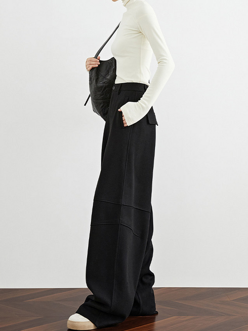 Women's Black Scythe Pants – Fall/Winter Extended Wool Wide-Leg Banana Trousers