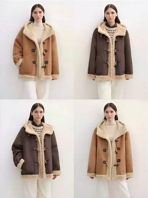 Color-Contrast Shearling Hooded Coat for Women — Mid-Length Faux Sheepskin Jacket with Raw-Edge Trim