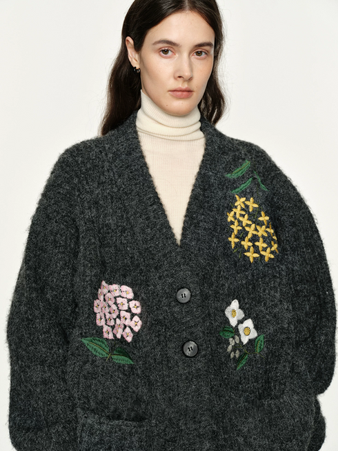 Women's Relaxed Vintage-Inspired Embroidered Wool-Blend V-Neck Knit Cardigan – Loose-Fit Sweater Outerwear