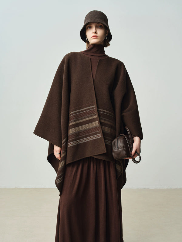 Women's Chestnut Brown Embroidered Minimalist Wool Double-Faced Cashmere Cape Coat – One-Piece Design