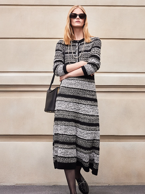 Autumn Winter New Fashion Linear Pattern Yarn Midi Knit Dress for Women