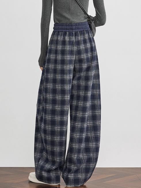 Women's Blue Plaid Wide-Leg Pants – Fall/Winter Casual Jogger Sweatpants with Curved Seam, Flattering Fit
