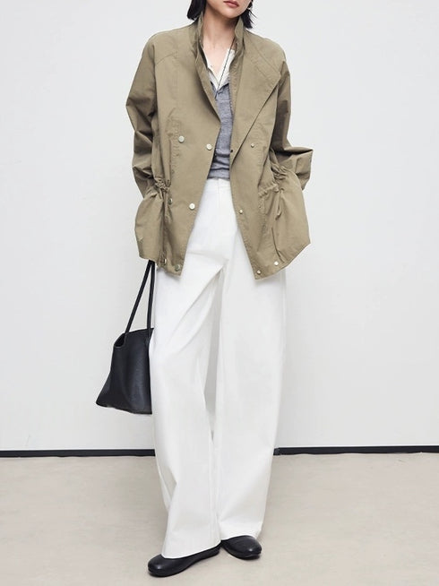 Autumn Retro High-Density Cotton Drawstring Dual-Collar Utility Jacket