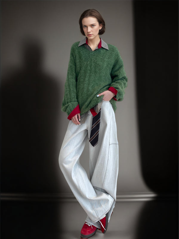 Women’s Wool Cashmere V-Neck Ribbed Knit Sweater | Soft Brushed Pullover with Relaxed Fit