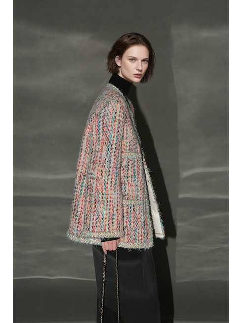Luxury Tweed Short Jacket for Women – Handwoven Colorful Yarn Chanel-Inspired Round Neck Blazer, Autumn Fashion