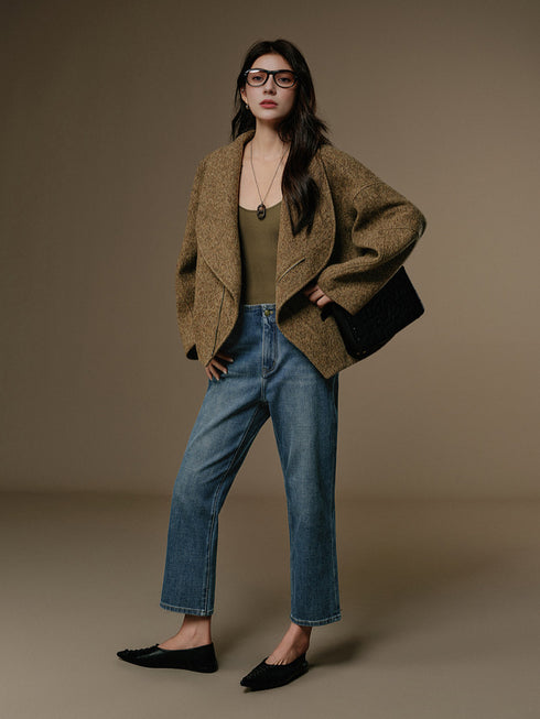 Women's Wool Tweed-Effect Coat with Sculptural Lapel and Asymmetric Front Closure – Structured Winter Overcoat