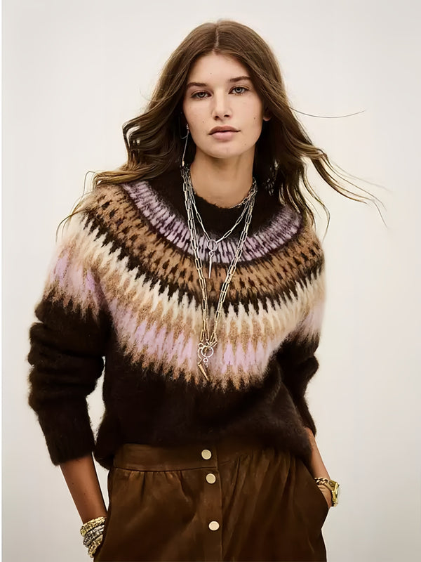Lavender Fair Isle Mock-Neck Sweater — Vintage-Inspired Slim-Fit Knit Top