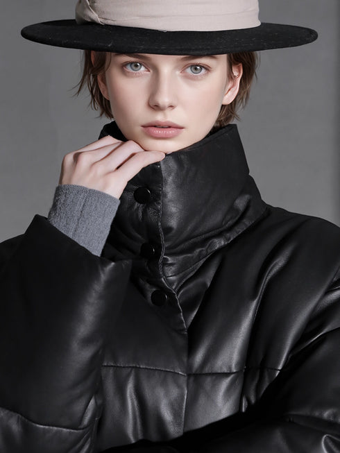 Women’s Genuine Sheepskin Down Jacket | Stand Collar White Goose Down Leather Coat for Fall and Winter