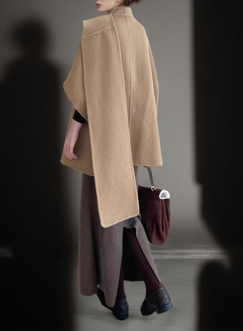 Tencel Wool Double-Faced Shawl Cape Coat for Women | Asymmetric Art-Inspired Deconstructed Design
