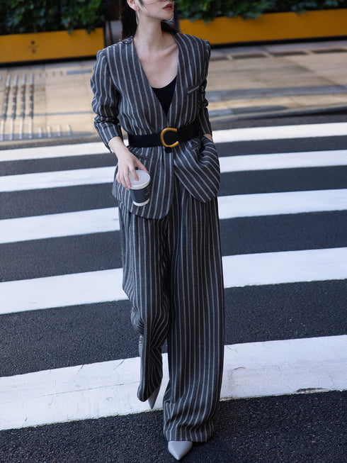 Casual Linen Stripe Suit – Autumn New Arrival with Lazy Aesthetic