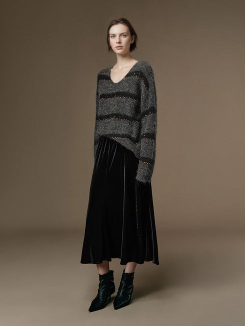 Soft Wool V-Neck Striped Sweater with Colorful Pom Details and Subtle Sequins | Relaxed Winter Knitwear