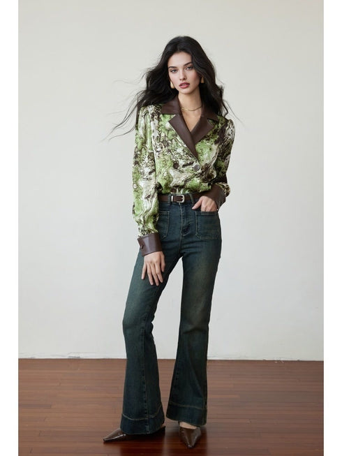 Satin Print & Eco Leather Spliced Double-Breasted Shirt – Floral Long Sleeve with Notched Lapel