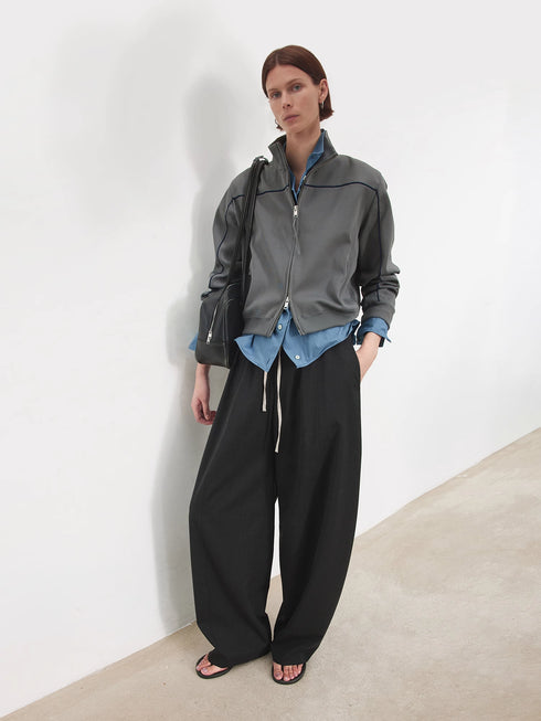 Women's Striped Balloon Pants – Italian Machine-Washable Wool & Linen Blend Elastic Waist Curved Hem Trousers
