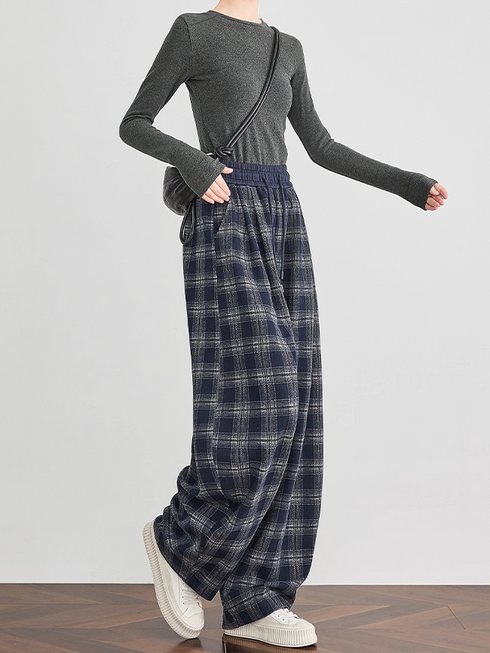 Women's Blue Plaid Wide-Leg Pants – Fall/Winter Casual Jogger Sweatpants with Curved Seam, Flattering Fit