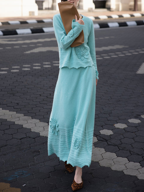 Youthful Fashion Set – 100% Wool 3D Floral Loose Top & Skirt Two-Piece