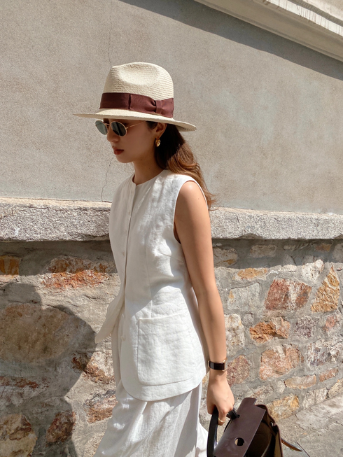 Vintage Cotton Linen Vest and Wide-Leg Pants Set for Women – Loose Fit, Round Neck, Pocket Detail Two-Piece