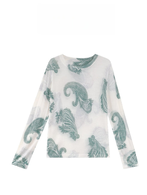 Hand-Painted Cashew Flower Print Wool Sweater – 16-Gauge Fine Knit Pullover with Waist Floral Design for Women