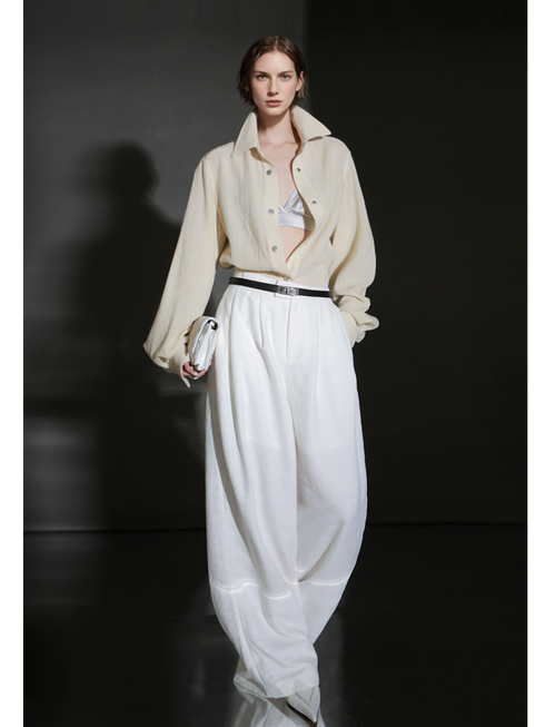 Old Money Style Wool Textured Shirt for Women – Luxury Fitted Button-Up Blouse with Metal Details, Fall Winter Collection