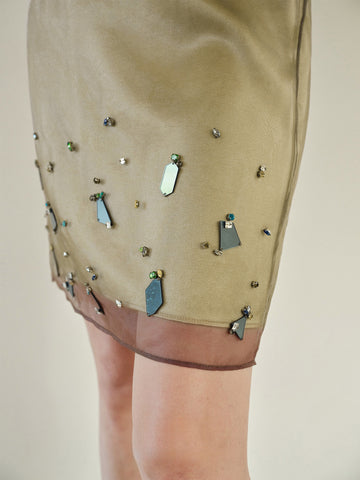 Handmade Beaded Japanese Acetate Double-Layer Skirt | High-End Patchwork Short Midi Skirt for Women