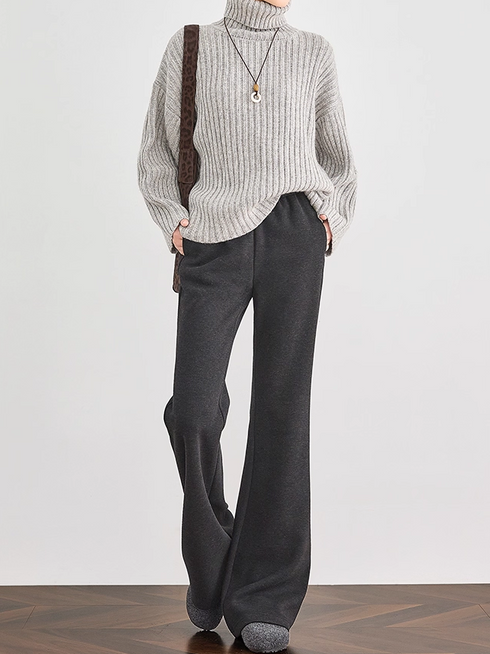 Women's Dark Gray Slim Flared Wool Knit Sweatpants – Soft Cozy Winter Lounge Pants