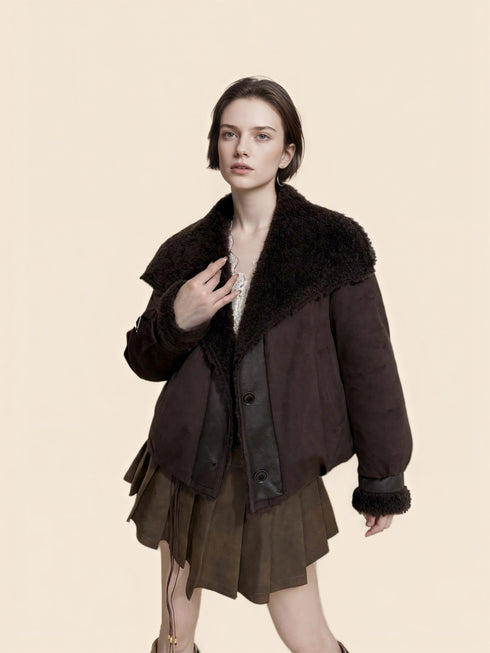 Reversible Suede-Finish Coat for Women – Faux Shearling Lined Winter Short Jacket with Lapel Collar