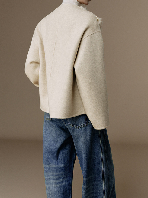 Women's Elegant Two-Tone Pure Wool Double-Faced Coat with Faux Fur Texture – Eco-Friendly Winter Overcoat