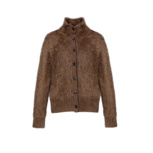 Premium Brushed Cashmere 100% Stand-Collar Button Cardigan for Women