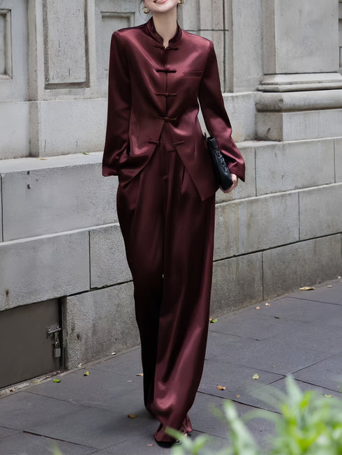 Elegant Acetate Blazer & Wide-Leg Pants Set – Autumn Two-Piece