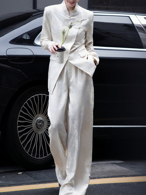 High-End Jacquard Suit Set – 3D Embroidered Blazer & Wide-Leg Pants