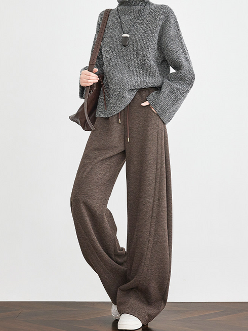 Women's Mocha Brown Wool Sweatpants – Thick Winter Old-Money Style Curved-Leg Athletic Trousers