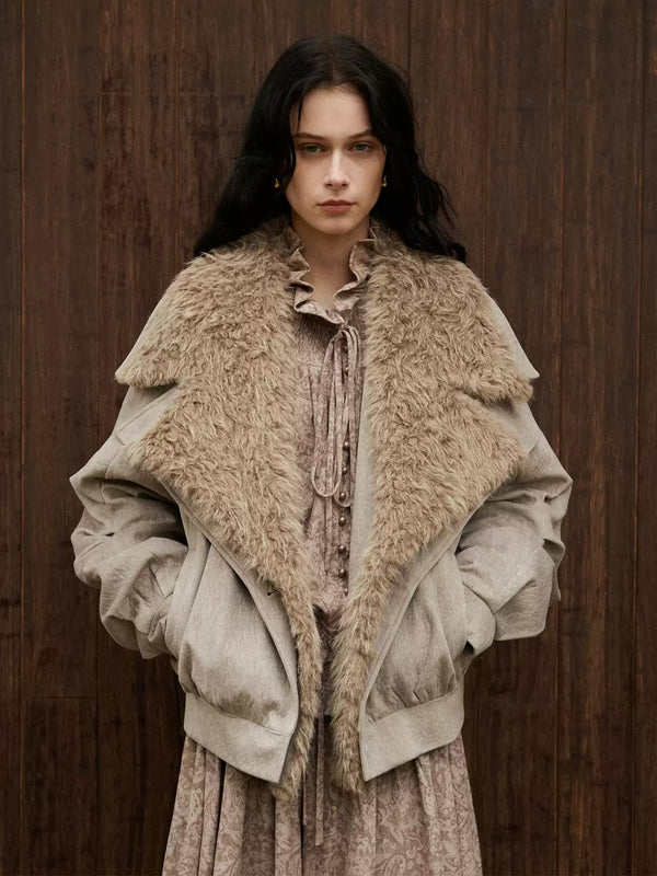 Winter Vintage Faux Fur Parka Coat for Women with Detachable Plush Collar, Oversized Warm Cotton Jacket