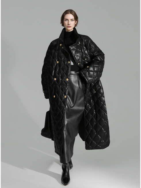 Quilted Lambskin Down Coat for Women – Elegant Mid-Length Slim Fit Jacket with Waist Design, White Duck Down Winter Outerwear