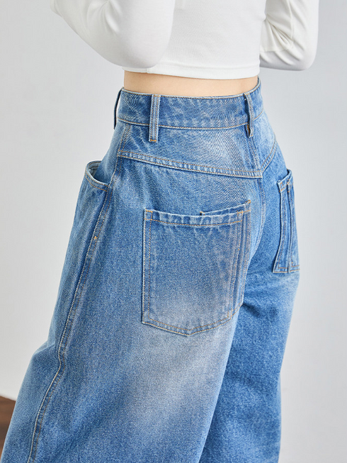 Women's High-Waist Extended Curved Seam Jeans – Loose Wide-Leg Scythe Pants for Tal