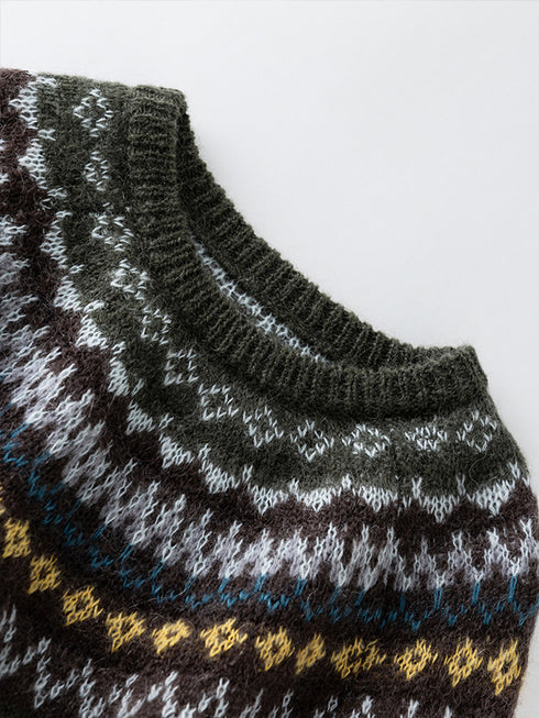 Fair Isle Geometric Knit Sweater for Women – Wool Mohair Blend Raglan Crewneck Pullover