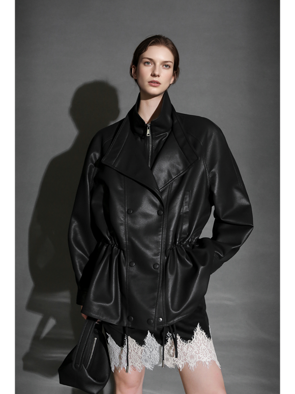 Double-Layer Collar Lambskin Leather Jacket – Chic and Bold Women’s Premium Leather Outerwear, Unique Design