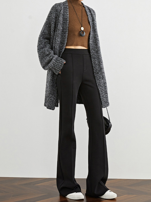 Women's Black Horseshoe Pants – Fleece-Lined Slim Straight Slightly Flared Casual Trousers for Fall/Winter