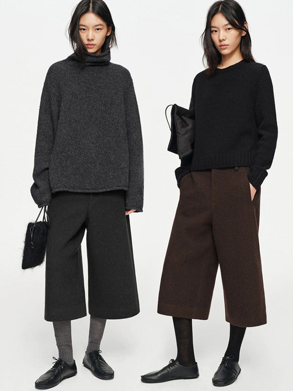 Vintage Wool-Blend Textured Air-Layer Cropped Straight-Leg Pants for Women – Double-Faced Fabric 7/8 Trousers