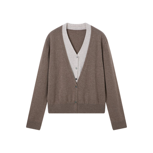 Layered V-Neck Contrast Trim Cardigan Jacket | Gray Wool Knit Unique Fall Top