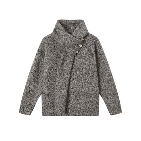 Textured Mélange Knit Sweater with Detachable Scarf | Relaxed H-Silhouette Drop-Shoulder V-Neck Pullover for Women