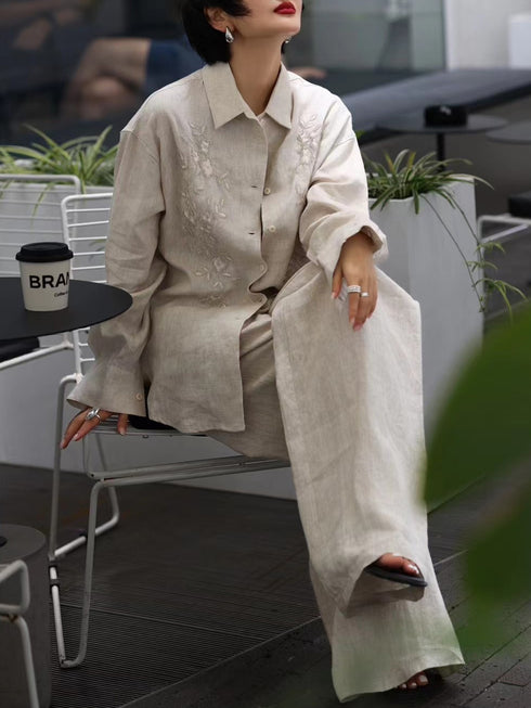 High-Fashion Tailored Linen Set – Heavy Embroidery & Beaded Loose Shirt & Wide-Leg Pants Two-Piece