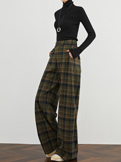Women's Vintage Plaid Wide-Leg Pants – High-Waist Relaxed Fit Extended Casual Trousers with Elastic Waist