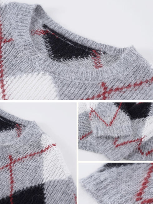 Peruvian Alpaca Wool Diamond-Pattern Pullover Sweater | Warm, Breathable Color-Contrast Knit
